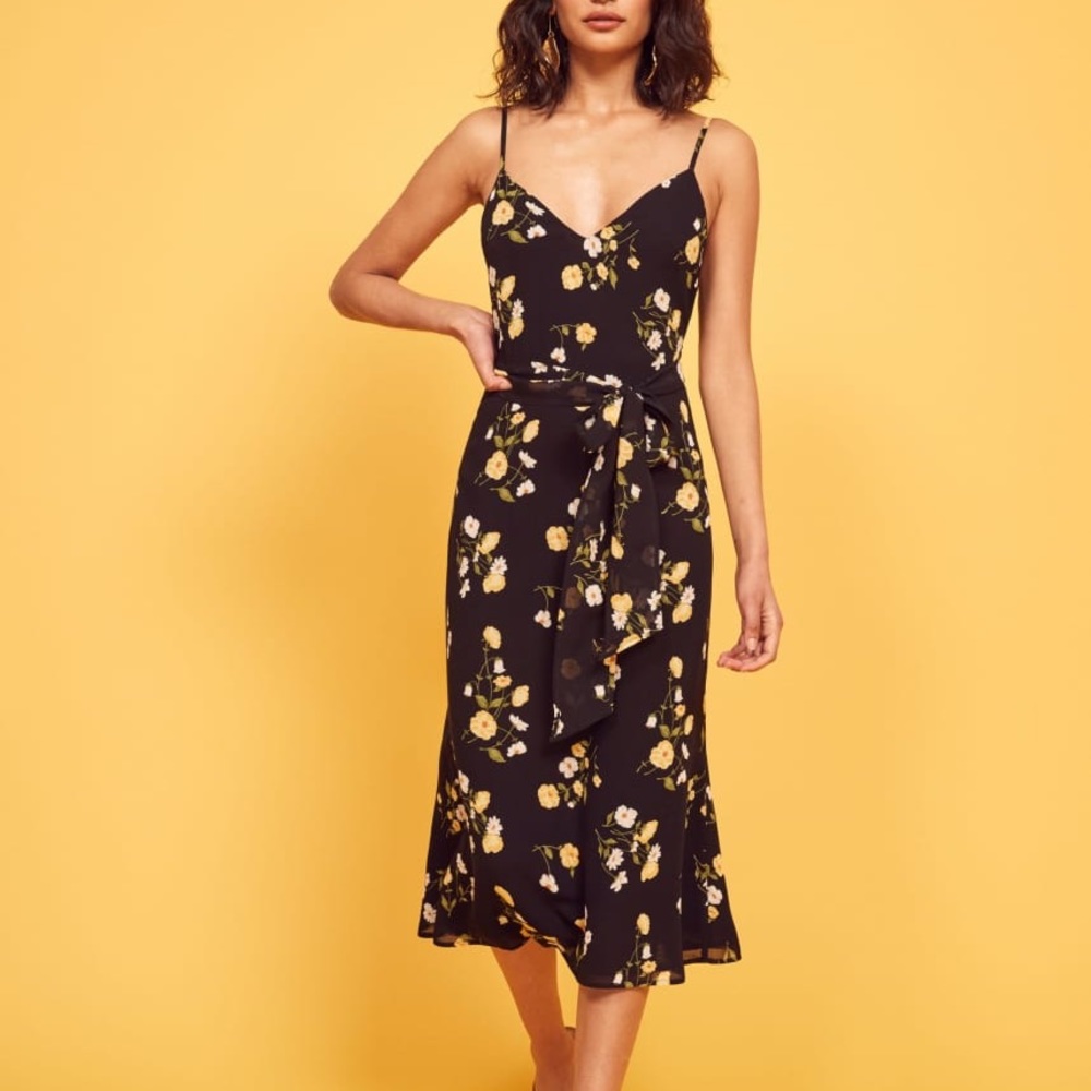 Reformation Black Strap Dress with Yellow Florals